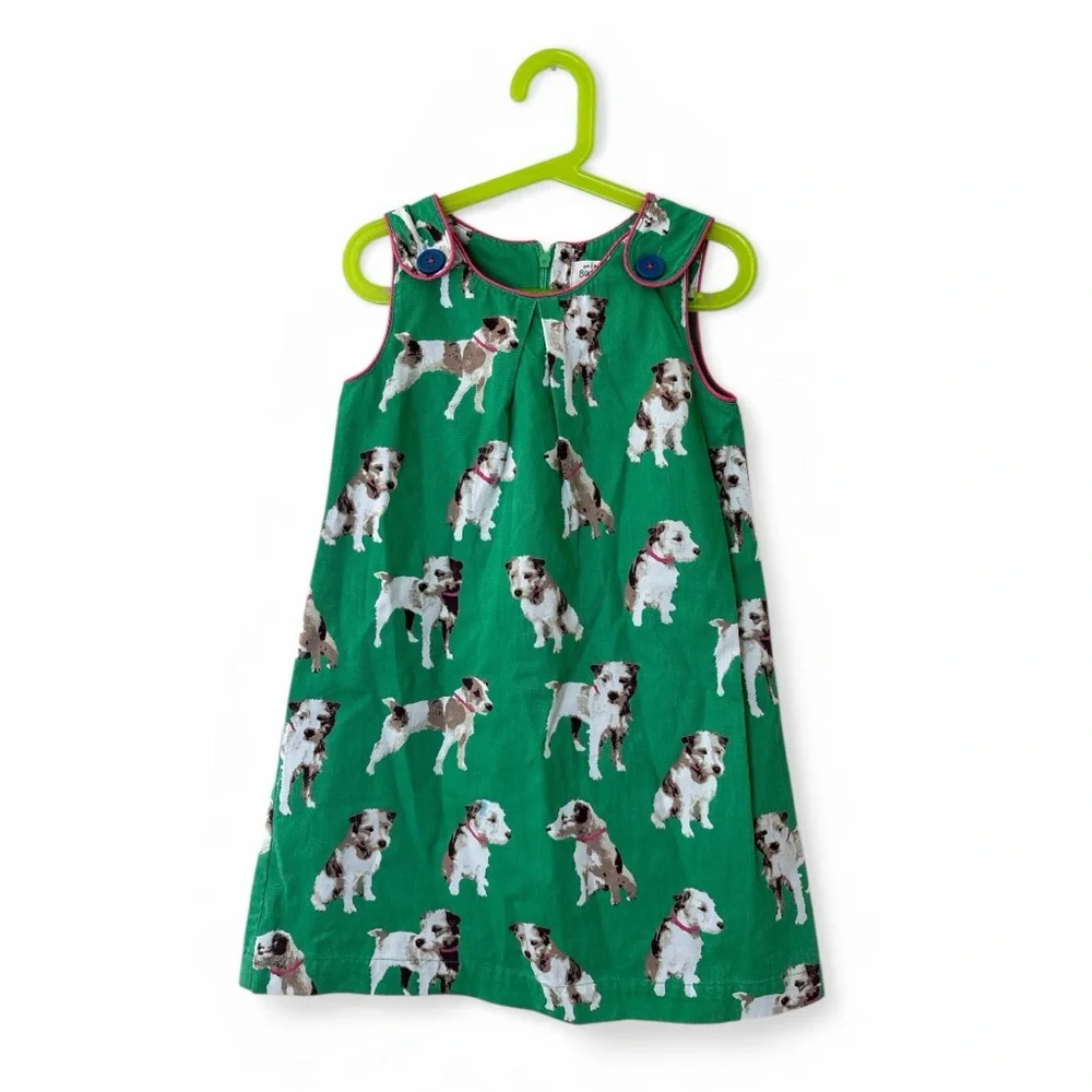 Mini Boden Green Dog Print Dress 6-7 Cute Puppy Dress Sleeveless A-line EUC